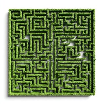 Maze constructed from vibrant green hedge material forms a square puzzle against a clean white background.