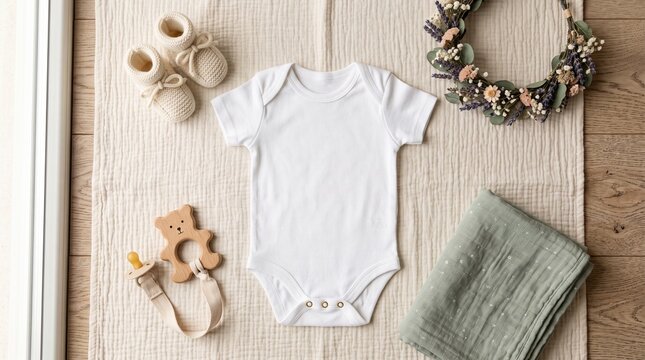 Blank white baby bodysuit with accessories on a textile background
