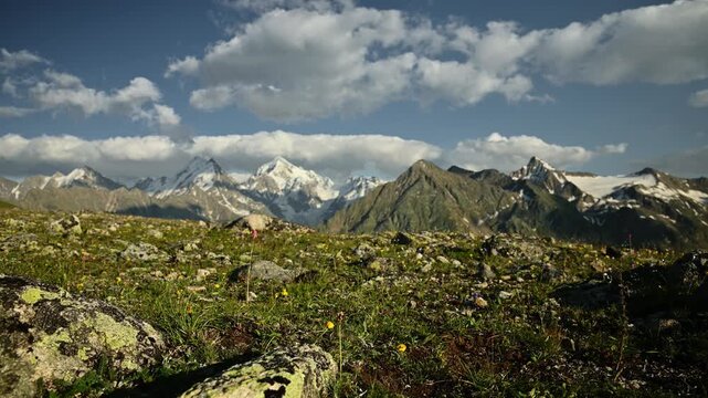 Parallax in sliding. Mountain landscape with rocky foreground and blooming flowers under blue sky