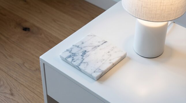 Square white marble coaster on bedside table with modern lamp