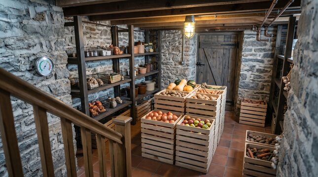 Root cellar pantry with ventilated crates of vegetables and fruit in cool basement storage room