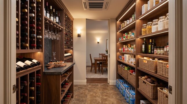 Wine and food pantry with timber bottle racks, staple shelves and stone serving counter