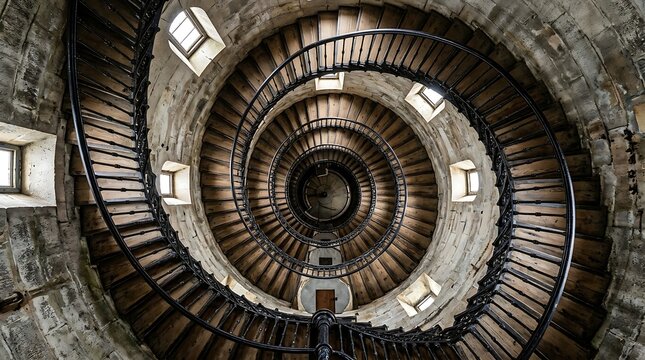 Spiral tunnel staircase viewed from below in abstract architecture