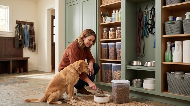 Pet food pantry, woman scooping dry food for calm dog beside organized mudroom storage
