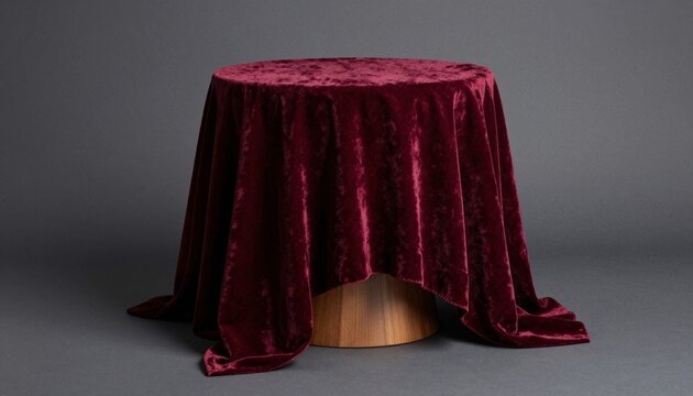 Luxurious dark burgundy velvet tablecloth draping over minimalist wooden pedestal