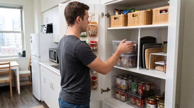 Rental pantry improvement, young man organizing removable bins and shelf risers in apartment cupboard