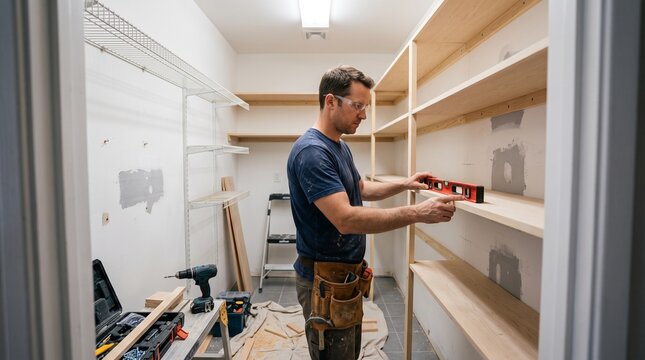 Pantry renovation in progress, carpenter installing custom wood shelves inside walk in storage room