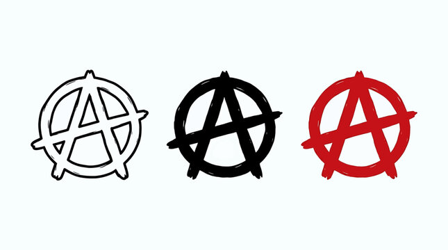 Set of three anarchy symbols in black, white, and red colors with a rough hand-drawn brush texture for rebel concepts