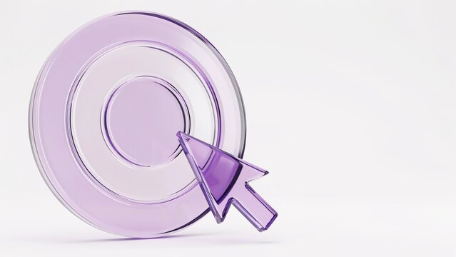 3d purple glass cursor pointing at a concentric circular target