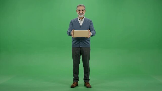 Mature Man Holding Cardboard Box Package Delivery, Shipping and E-commerce Concept, Studio Green Screen Background