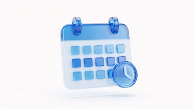 3d glass calendar with clock symbol on white background