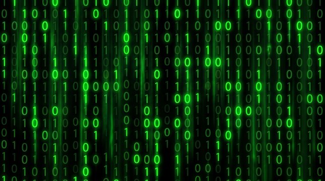 Binary code background featuring glowing green digital numbers streaming downwards across dark black screen representing data streams information technology computing software development systems prog