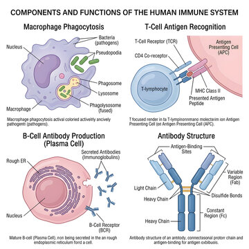 Educational diagram of human immune system components and functions with t cell, b cell