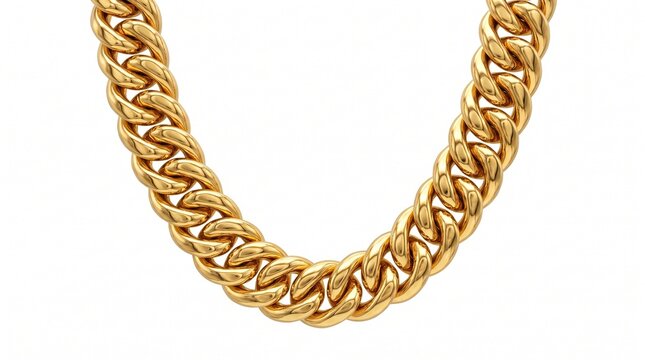 Gold cuban link chain necklace, luxury yellow gold jewelry on white background, heavy metallic fashion accessory