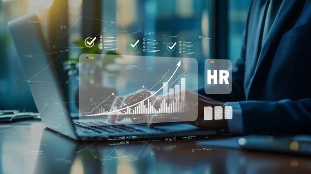 Businessman in modern office reviewing organizational development strategy with human resources growth and workforce analytics dashboard featuring performance chart metrics
