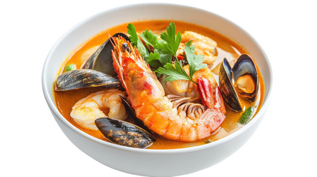 Seafood soup with large shrimp, mussels, and fresh herbs served in a white bowl isolated on a solid black background, for food