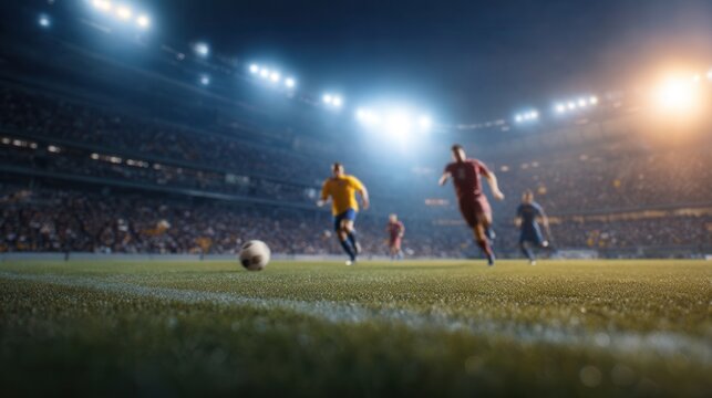 Soccer ball on green grass pitch with blurred football players running towards action in a large, illuminated stadium during an intense professional match