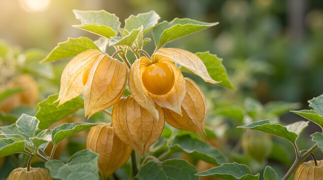 Ripe physalis fruits in papery husks growing on a plant with cape gooseberry, golden berry