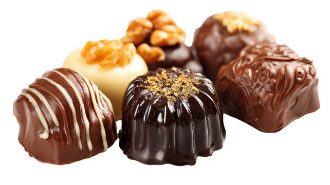 Selection of gourmet chocolate truffles and pralines topped with walnuts and gold flakes on a solid black background, for confectionery