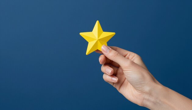 Professional studio photograph of a woman's hand holding a yellow 3D star with deep blue background
