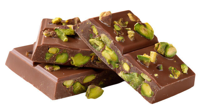 Several broken pieces of milk chocolate bars filled with crunchy green pistachio nuts, arranged on a solid black background, for a food shot