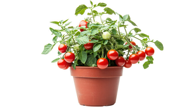 Small tomato plant bearing many ripe red tomatoes and green foliage growing in a terracotta clay pot isolated on a solid black background