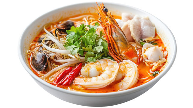 Spicy tom yum soup with whole shrimp, fish fillet, clams, rice noodles, and cilantro in a white bowl isolated on a black background