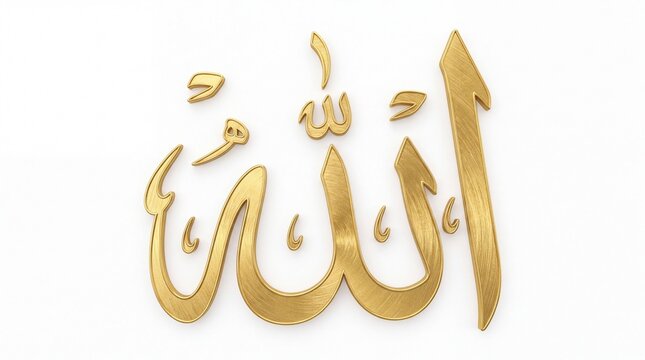 Golden Allah Arabic calligraphy on white background, 3D metallic Islamic script, elegant religious symbol for Ramadan and Eid decor