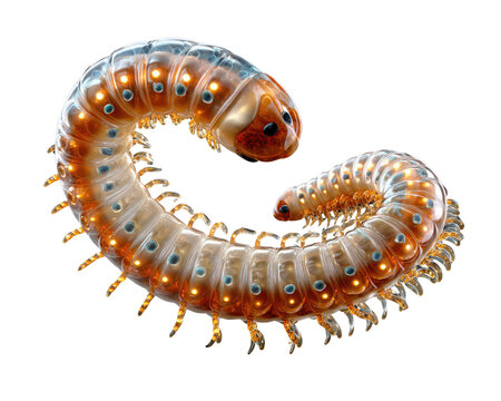The Luminescent Millipede: A close-up shot showcases a millipede with intricate, glowing patterns along its segmented body, curled in a striking display of nature's design.