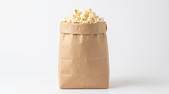 Freshly popped popcorn served in a brown paper bag isolated against a clean white background