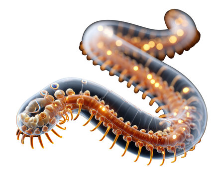 Giant Millipede Illustration: A highly detailed 3D illustration of a giant millipede, showcasing its segmented body, numerous legs, and bioluminescent markings, coiled into an elegant 'S' shape.