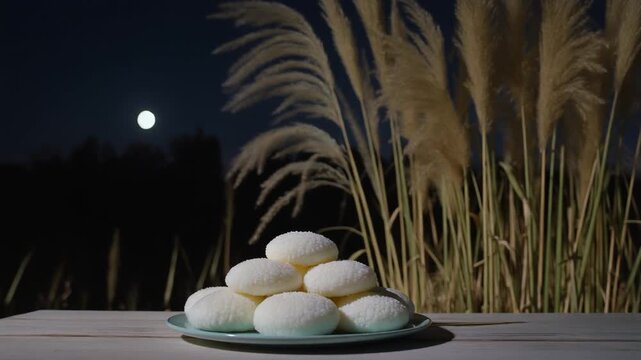 満月の夜にススキが揺れる縁側で皿に山盛りに積まれた白い月見団子の映像