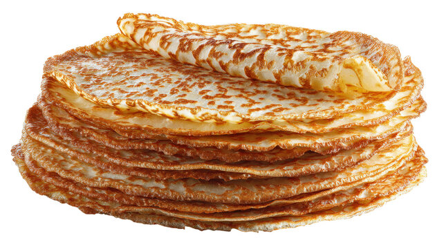 Stack of thin golden brown crepes or pancakes with a delicate lacy pattern, isolated on a white background, closeup view of folded breakfast food
