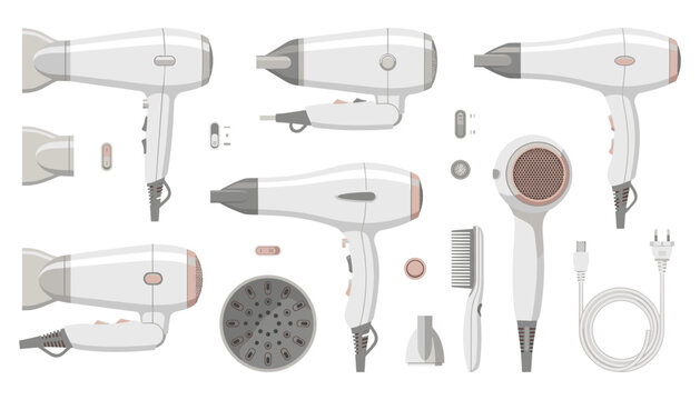Hair Dryers and Accessories Set with Various Attachments and Power Cord in White and Pink Design
