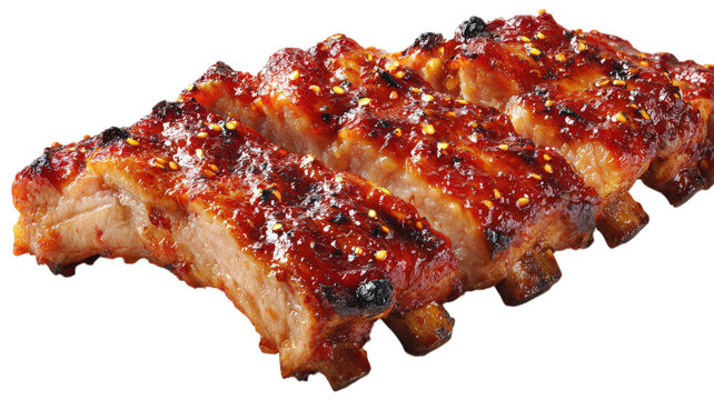 Succulent roasted pork ribs coated in sticky barbecue glaze and topped with red chili flakes isolated on a solid black background, for food ads