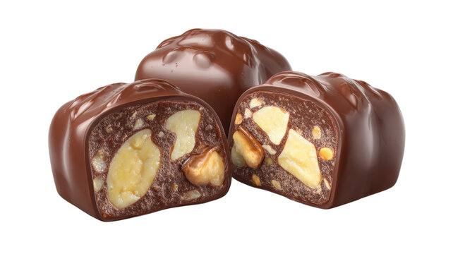 Three pieces of milk chocolate candy with visible hazelnut pieces inside, isolated on a solid black background, for food projects