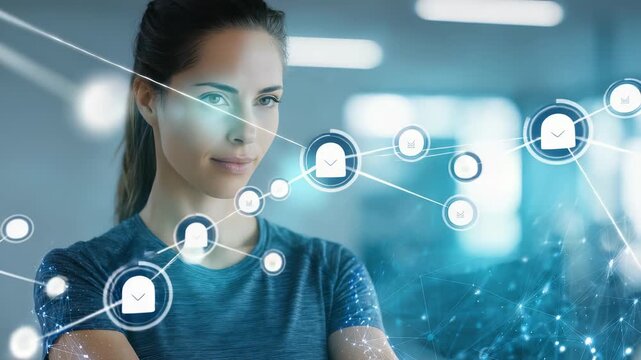 A professional woman uses advanced digital technology, visualized by glowing network graphics, in a contemporary workspace. The scene highlights innovation, connectivity, and modern tech trends