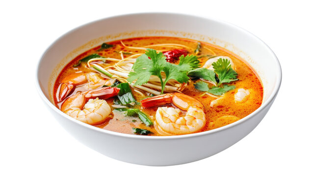 Traditional thai tom yum soup with shrimp, rice noodles, and fresh cilantro in a white bowl isolated on a solid black background view