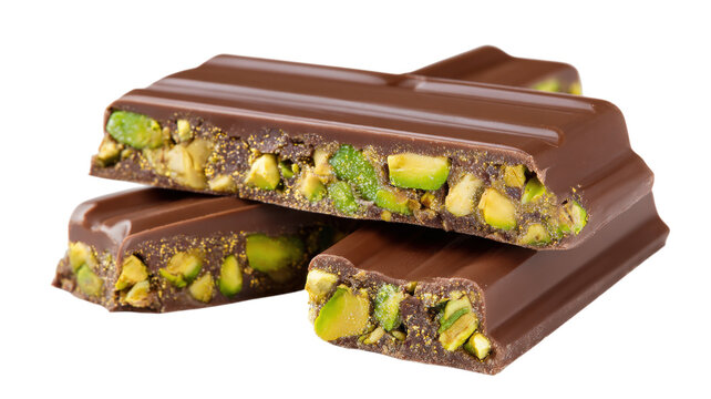 Two broken pieces of milk chocolate bars filled with crunchy green pistachio nuts, stacked on a solid black background, for a food display