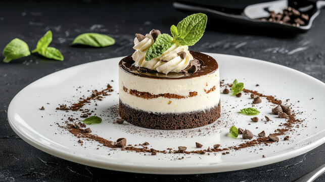 Delicious dessert featuring layered chocolate mousse with mint garnish, served on white plate with chocolate shavings