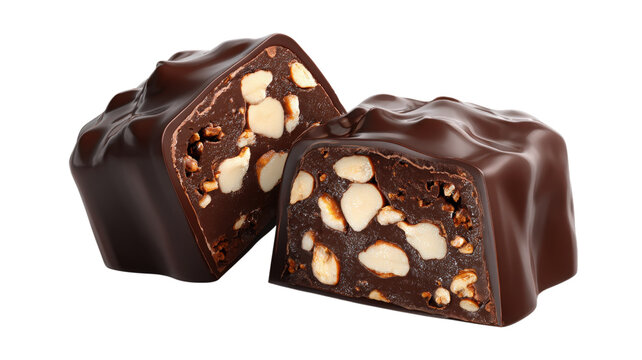 Two halves of a dark chocolate truffle filled with a rich ganache and chopped nuts, isolated on a black background, for food