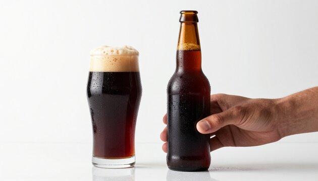 Dark beer bottle with frothy stout glass on white reflective surface for beverage advertising