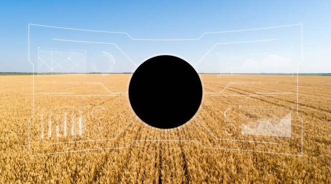 Smart farming interface showing data analytics over golden wheat field under clear blue sky.