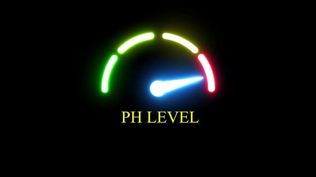 pH Level Alkaline meter concept on black background representing strong alkalinity, high pH, and chemical imbalance illustrated as a creative gauge showing basic conditions. 4k