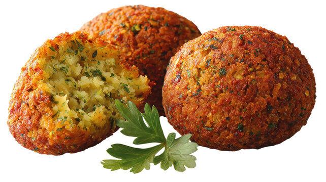 Two whole fried kibbeh and one halved piece with a fresh parsley garnish, isolated on a black background, for food advertising