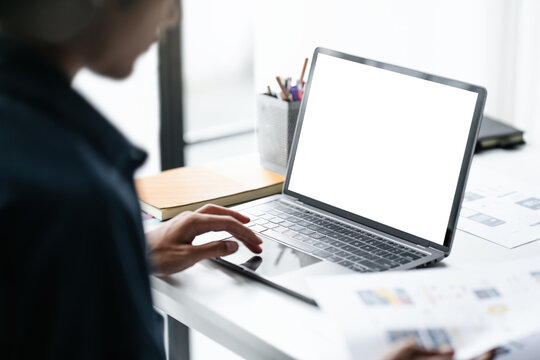 business people working with laptop at office, empty white screen