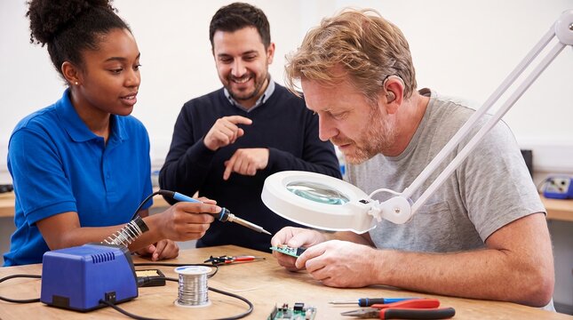 electronics mentoring technicians soldering workshop training repair teamwork skills career young specialist guides an older colleague in circuit assembly while a supervisor observes skills transfer