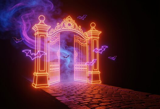 Illuminated gothic gate with glowing neon lights and flying bats in a mystical night