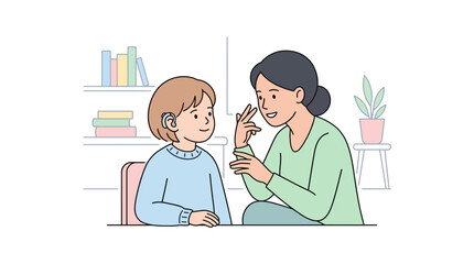 Mother teaching child sign language at home
