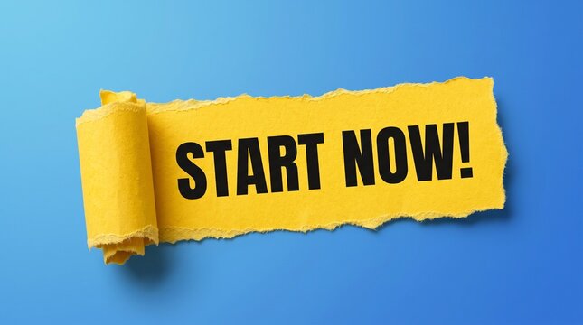 Bright yellow start now banner with bold black text